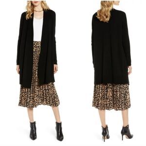 Halogen | Women's Wool Cashmere Cardigan M Black Long Line Quiet Luxury Classic